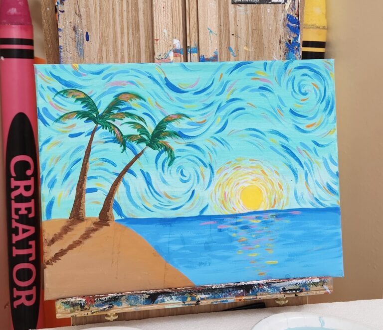 Canvas painted of a scenic beach with palm trees, the ocean, and sunshine against a blue sky | Painting Inspiration | Merely Creative Martinsburg WV