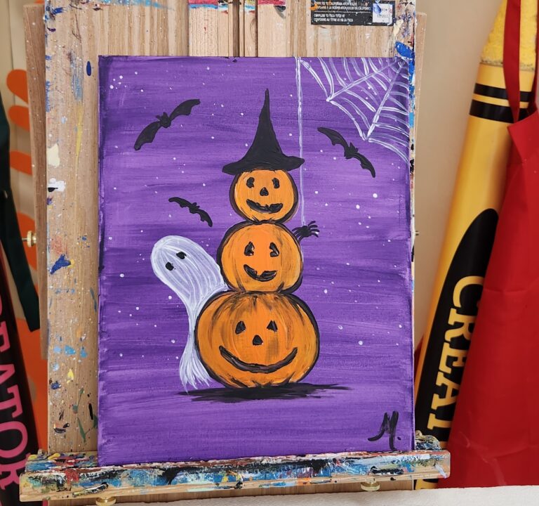 Painting of three jack-o-lanterns stacked on top of each other and a cute ghost peeking out from behind | Arts and Crafts | Merely Creative, Martinsburg WV