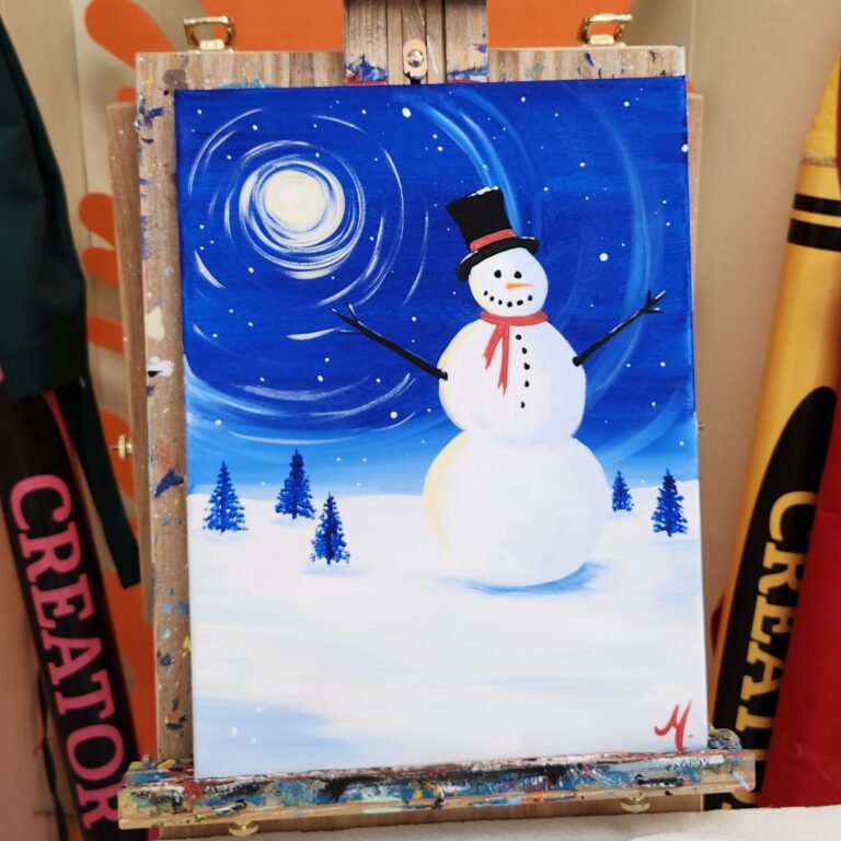 Painting of a snowman in a winter themed night setting | Holiday Crafts | Merely Creative, Martinsburg WV